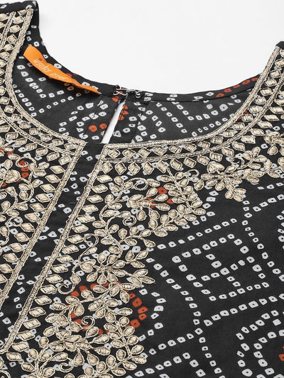 Indyancart IE Women Black Bandhani Printed Pure Cotton Kurta with Palazzos & With Dupatta
