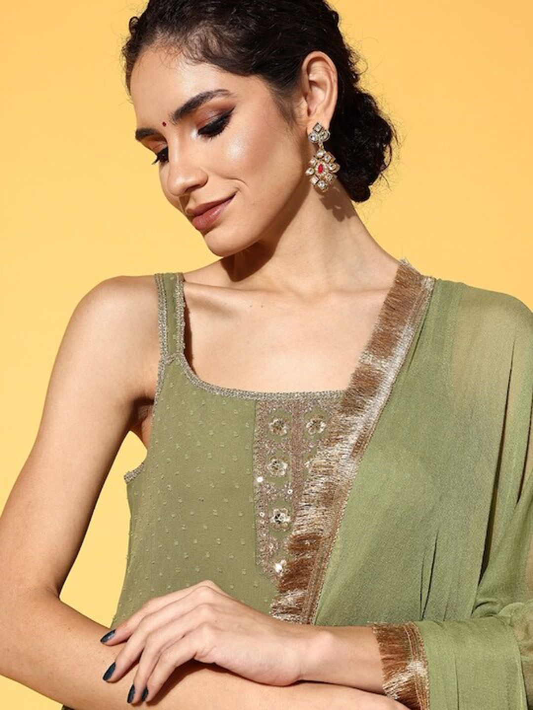 Indyancart VA Women'sSelf Design Empire Kurta With Trousers & Dupatta