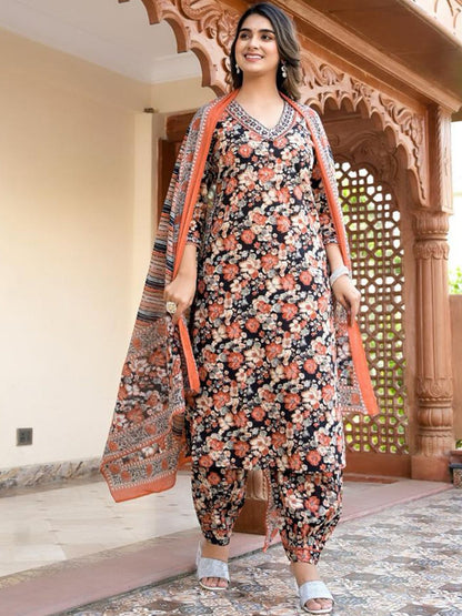 Indyancart VA Women'sFloral Embellished Kurta Paired With Afghani Trousers & Dupatta