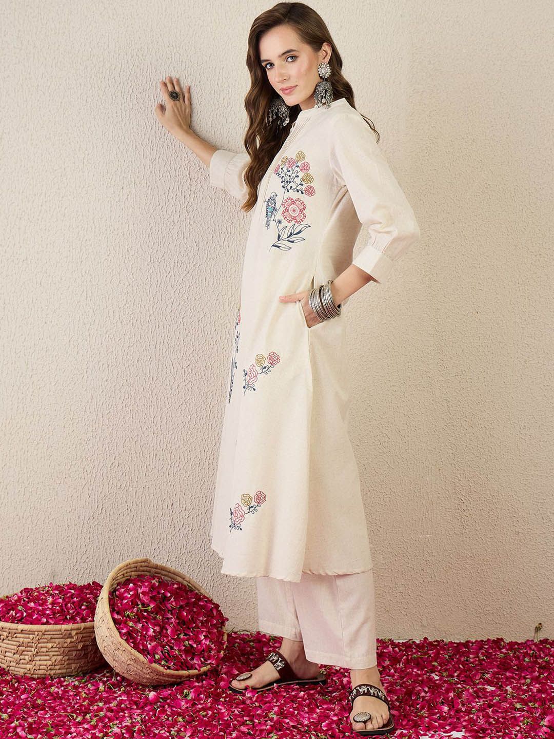 Dhiyona IE Embroidered Cotton Mandarin Collar Neck Top With Palazzos Co-Ords