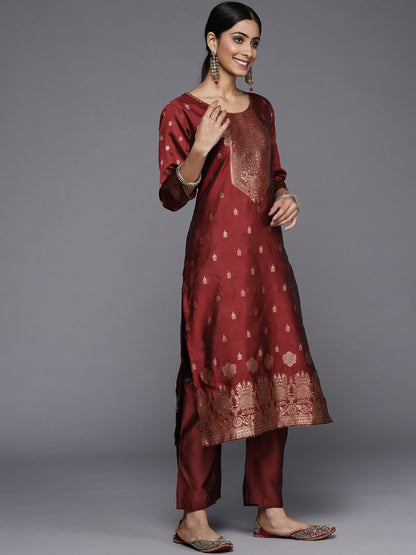 Indyancart VA Women's Maroon Ethnic Motifs Kurta with Trousers & Dupatta