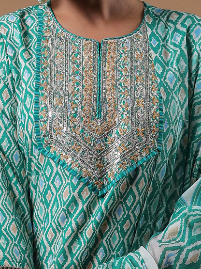 Indyancart IE Geometric Printed Sequined Pure Cotton Straight Kurta With Trouser & Dupatta