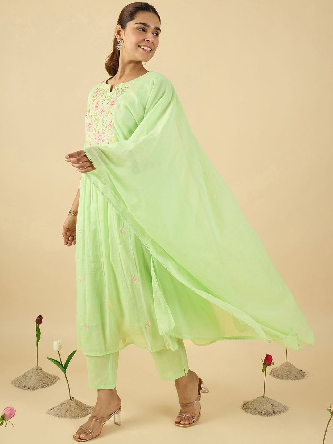 Indyancart IE Women Embroidered Pure Cotton A-Line Kurta with Trousers & With Dupatta