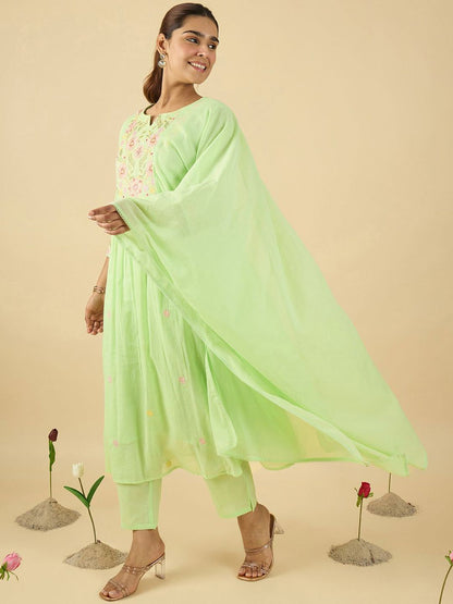 Indyancart IE Women Embroidered Pure Cotton A-Line Kurta with Trousers & With Dupatta