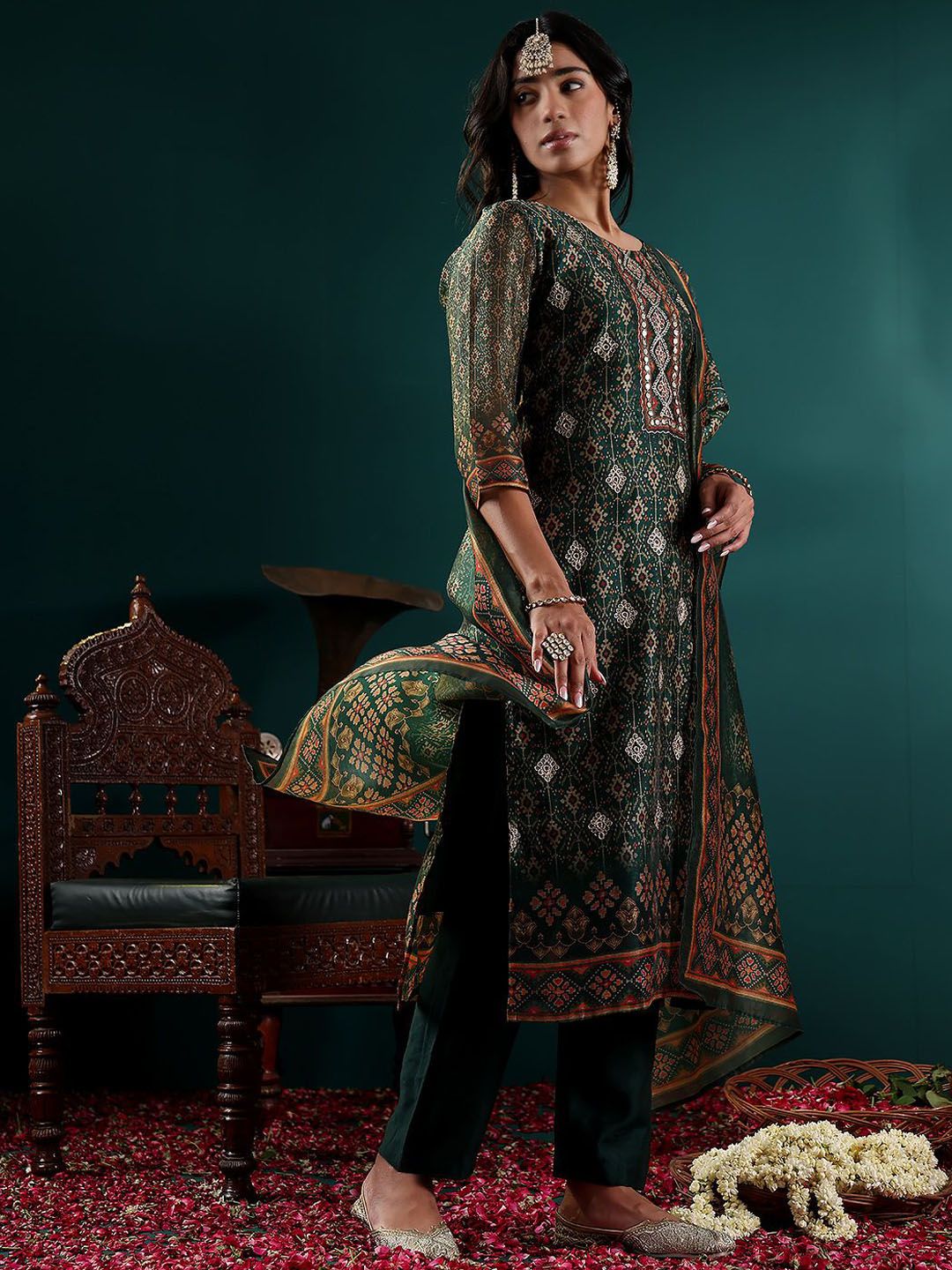 Indyancart VA Women's Ethnic Motifs Embroidered Regular Chanderi Silk Kurta with Trousers & With Dupatta