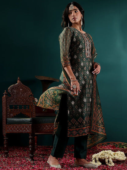 Indyancart VA Women's Ethnic Motifs Embroidered Regular Chanderi Silk Kurta with Trousers & With Dupatta