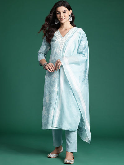 Indyancart IE Floral Printed Thread Work Pure Cotton Kurta With Trousers & Dupatta