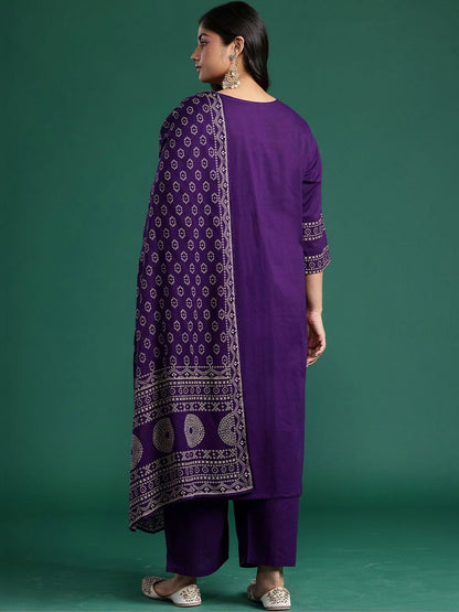 Indyancart Women's Ethnic Motifs Printed Regular Mirror Work Pure Cotton Kurta with Trousers & With Dupatta