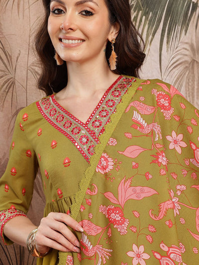 Indyancart SN Women's Floral Print Thread Work Detail Empire Style A-Line Kurta with Trousers & Dupatta
