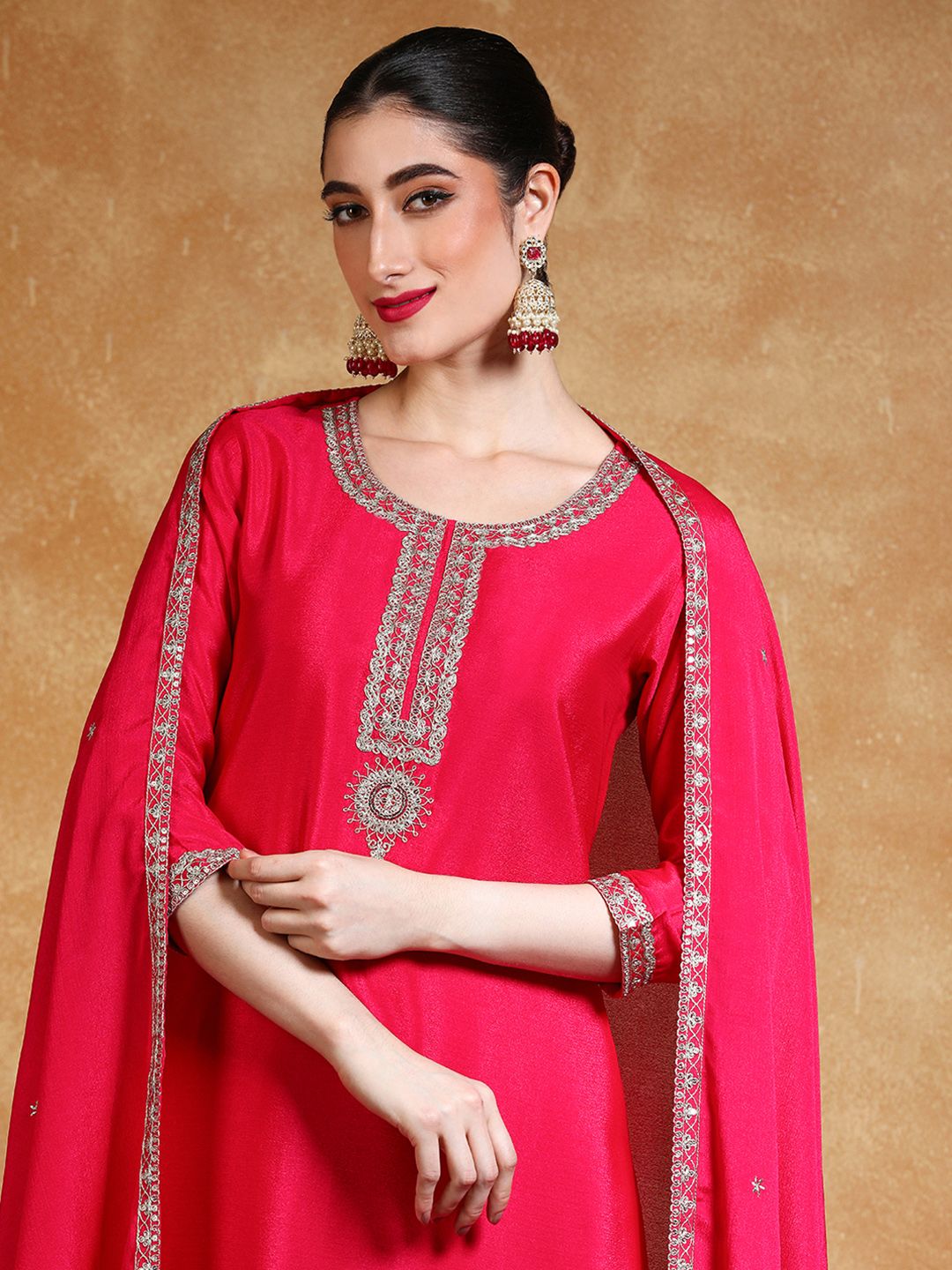 Indyancart VA Women Floral Embroidered Kurta with Sharara & Dupatta