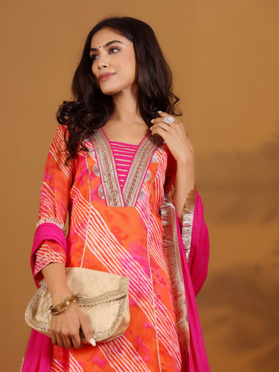 Indyancart VA Women'sLeheriya Printed Gotta Patti V-Neck Anarkali Kurta With Trousers & Dupatta