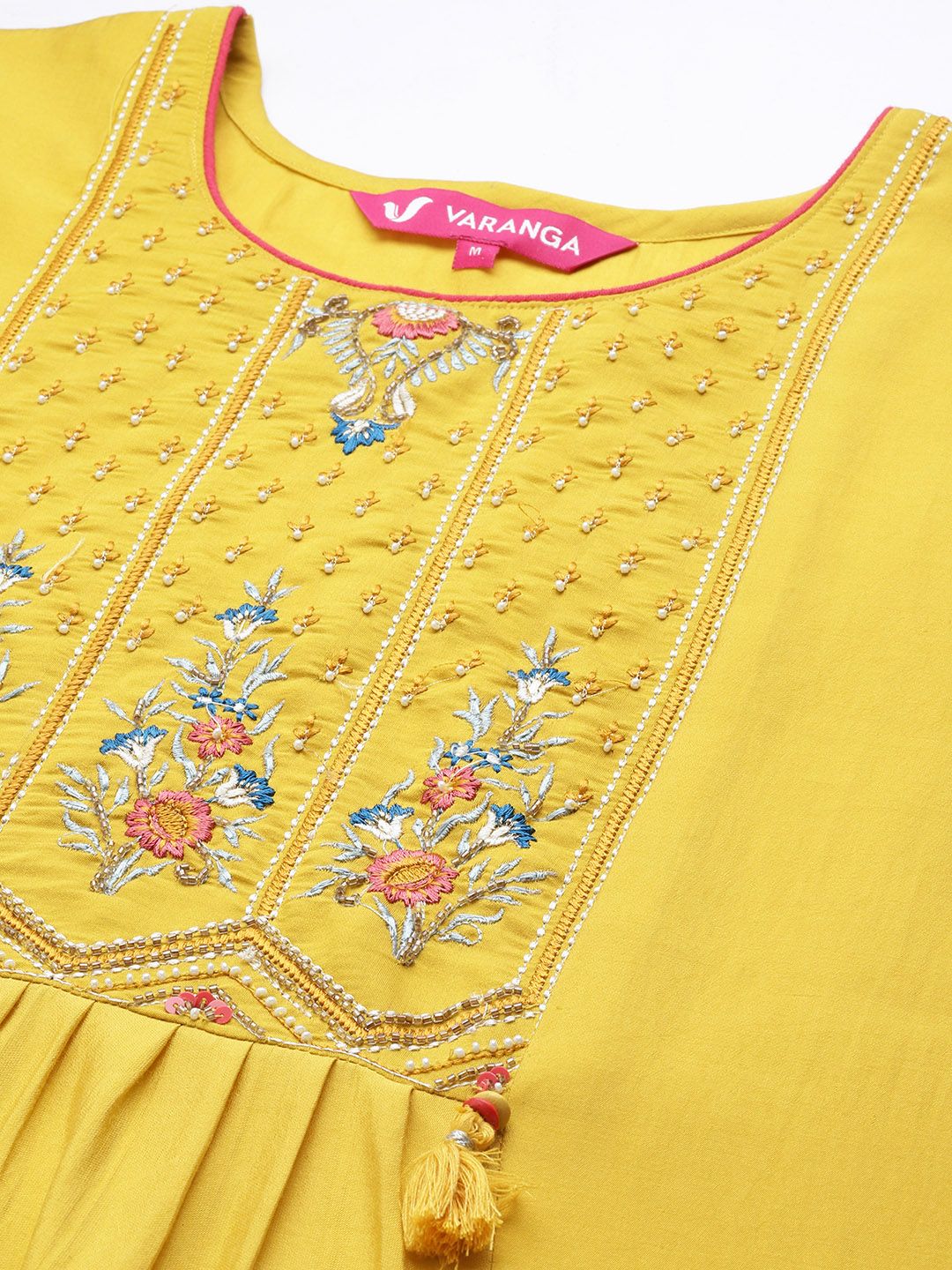 Indyancart VA Women's Yellow Ethnic Motifs Embroidered Beads and Stones Kurta with Trousers & With Dupatta