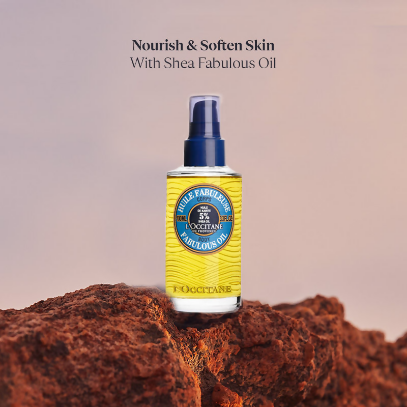 L'Occitane Shea Butter Fabulous Oil bottle with dropper for face skincare, showcasing the luxurious facial oil for moisturizing.