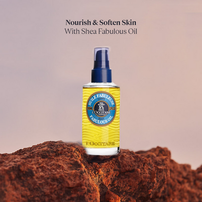 L'Occitane Shea Butter Fabulous Oil bottle with dropper for face skincare, showcasing the luxurious facial oil for moisturizing.