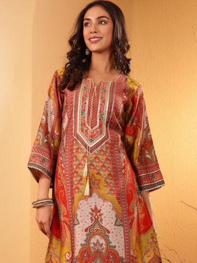 Indyancart VA Women'sEthnic Motifs Embroidered Gotta Patti Notch Neck Chanderi Silk Kurta With Trousers