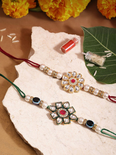 Indyancart Unisex Set of 2 Beaded Bhai Bhabhi Rakhis With Roli & Chawal
