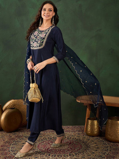 Indyancart SN Women's Navy Blue Floral Yoke Design Sequinned A-Line Kurta With Trouser & Dupatta