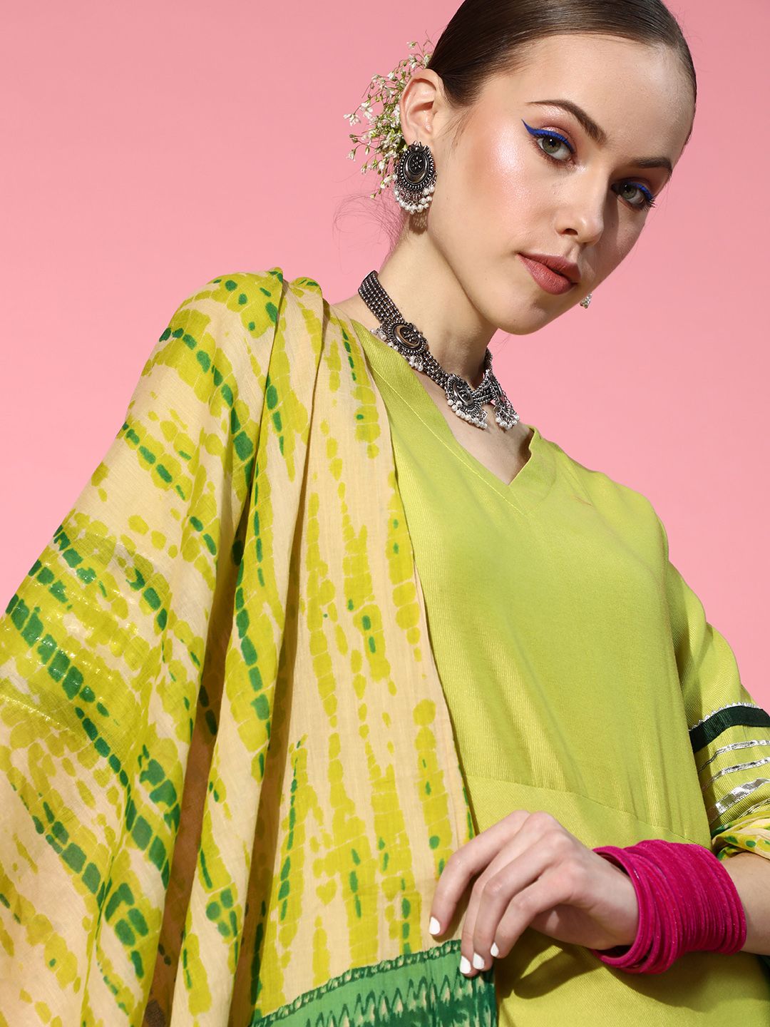 Indyancart IE Women Stylish Green Liva Swirling Volume Kurta