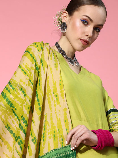 Indyancart IE Women Stylish Green Liva Swirling Volume Kurta