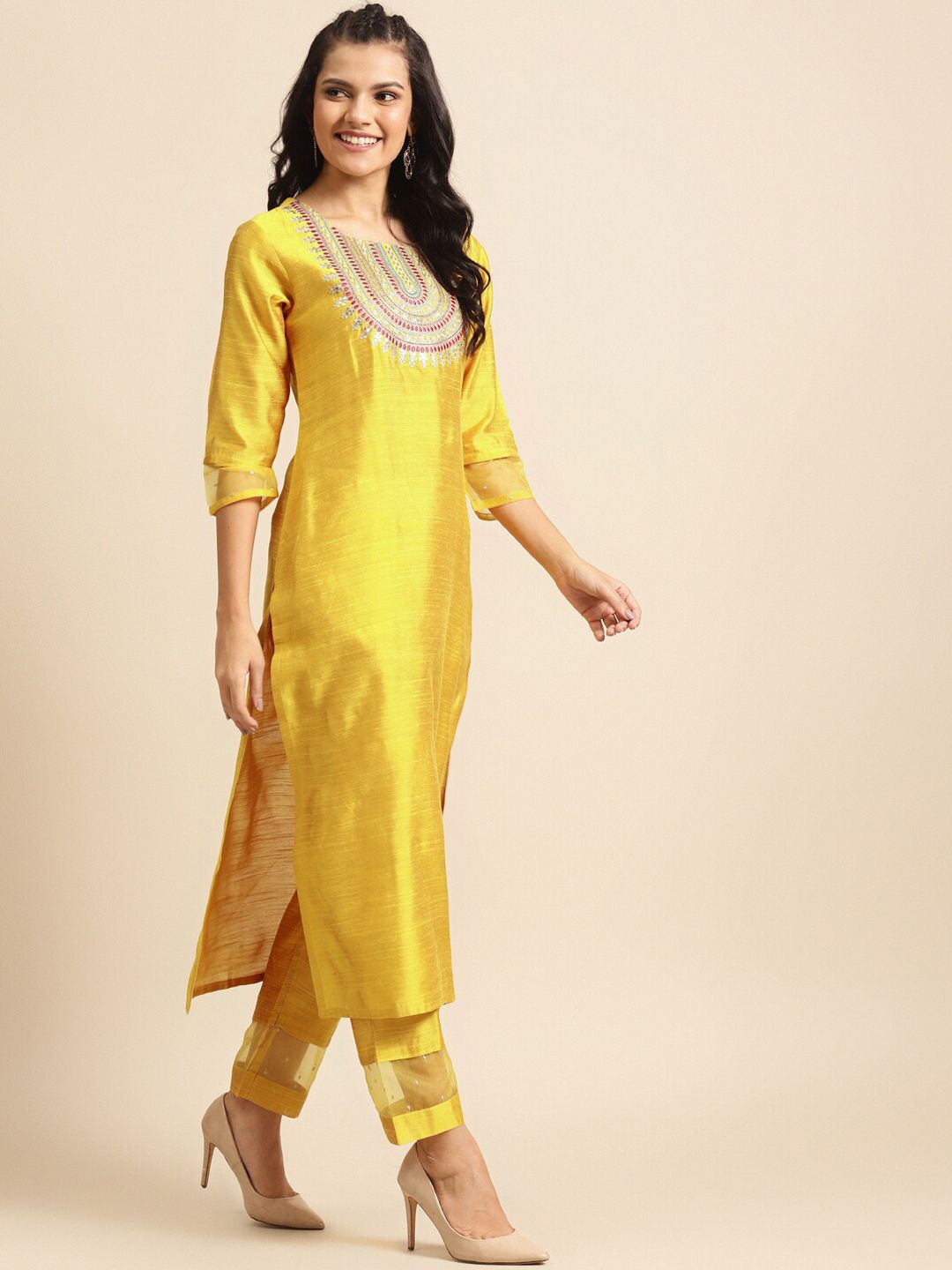 Indyancart VA Women's Mustard Yellow Embroidered Sequinned Kurta Set with Dupatta
