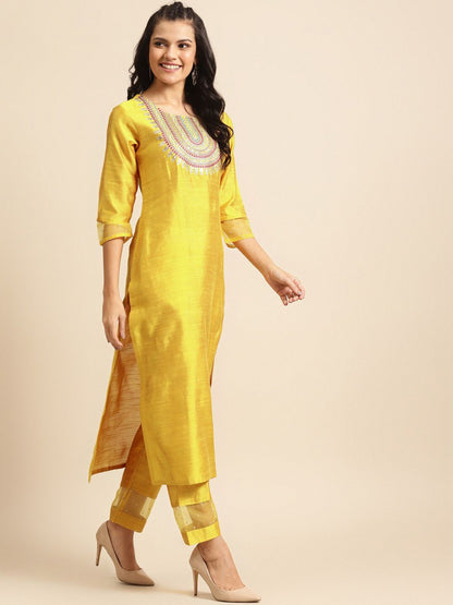 Indyancart VA Women's Mustard Yellow Embroidered Sequinned Kurta Set with Dupatta