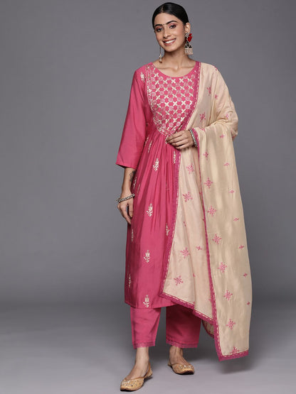 Indyancart VA Women's Pink Ethnic Motifs Embroidered Thread Work Kurta with Trousers & With Dupatta