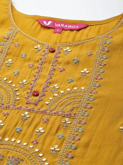 Indyancart VA Women's Mustard Yellow Ethnic Motifs Embroidered Kurta with Trousers & Dupatta