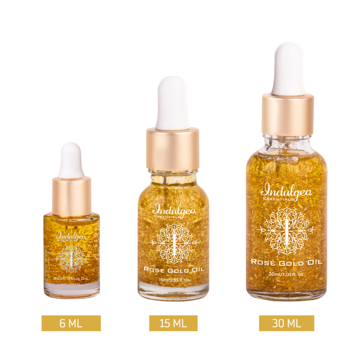 Indulgeo Essentials 24k Rose Gold Face Primer Oil showing the lightweight bottle and a dropper for hydrating, radiant skincare.