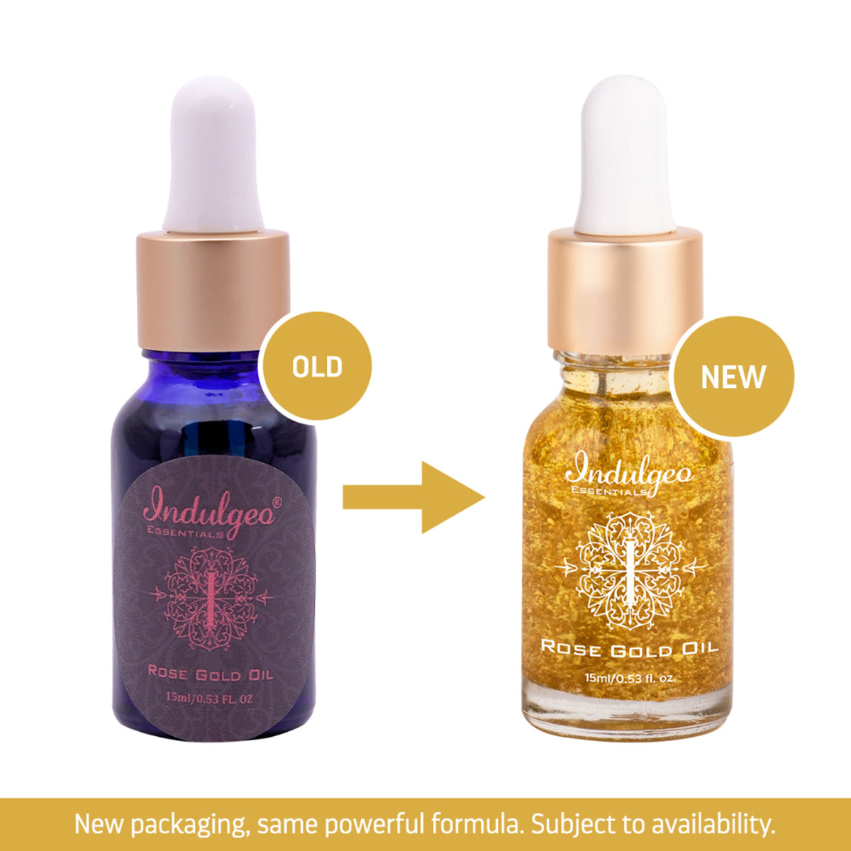 Indulgeo Essentials 24k Rose Gold Face Primer Oil showing a clear glass bottle with a dropper and a gold cap.