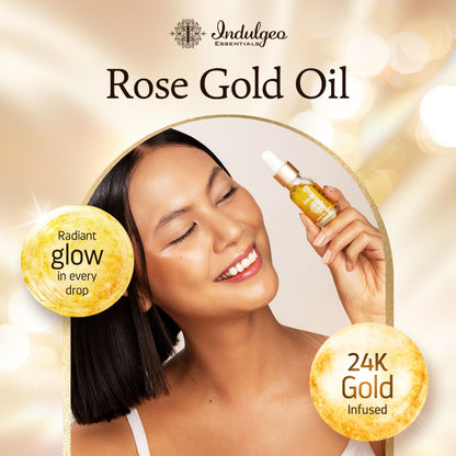 Indulgeo Essentials 24k Rose Gold Face Primer Oil showing a small glass bottle with a rose gold cap and clear liquid inside.