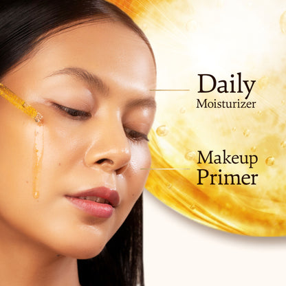 Indulgeo Essentials 24k Rose Gold Face Primer Oil showing a clear glass bottle with gold accents and a dropper applicator.