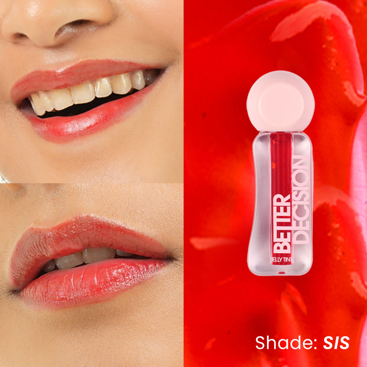 Flossy Cosmetics Lip and Cheek Tint with Niacinamide and Watermelon Extract, showcasing the tinted product on lips and cheeks.