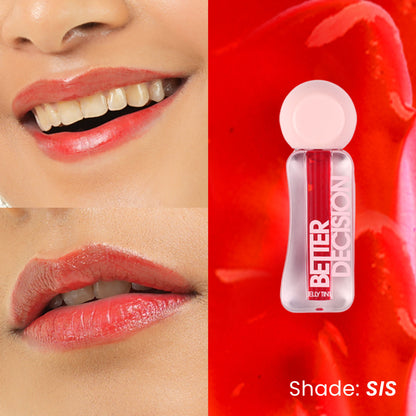Flossy Cosmetics Lip and Cheek Tint with Niacinamide and Watermelon Extract, showcasing the tinted product on lips and cheeks.