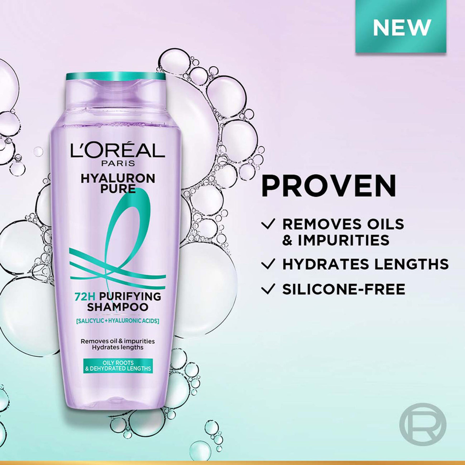 L’Oréal Paris Hyaluron Pure 72H Purifying Shampoo, For Oily Scalp & Dry Hair With Salicylic And Hyaluronic Acid