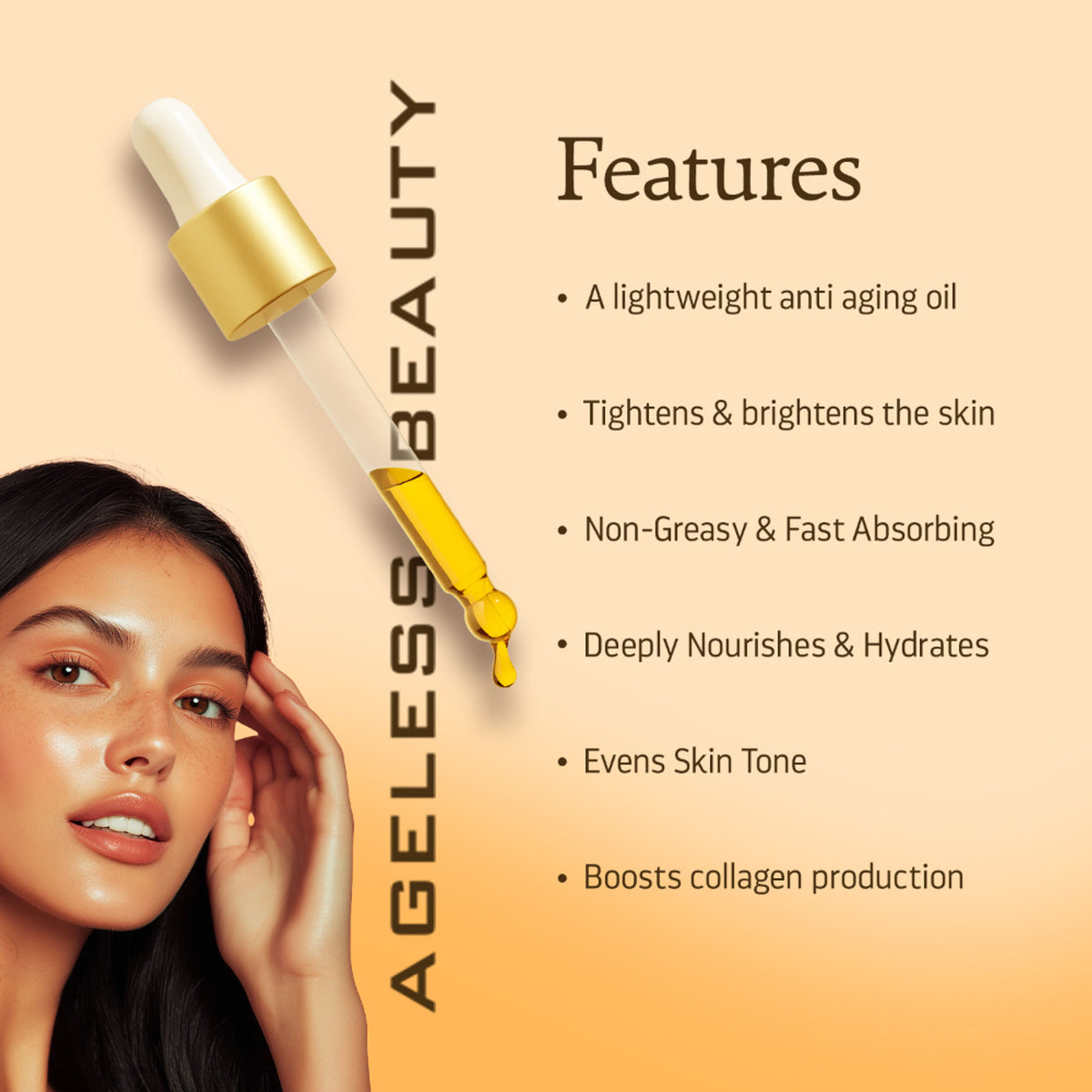 Indulgeo Essentials Ageless Beauty Zafferano Oil featuring saffron, lupin seed extract, and coenzyme Q10 in a dropper bottle.