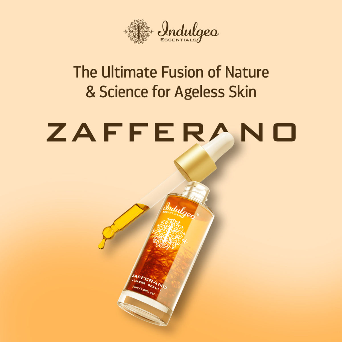 Indulgeo Essentials Ageless Beauty Zafferano Oil with saffron, lupin seed extract, and Coenzyme Q10 in a glass bottle.