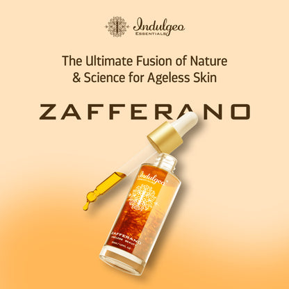 Indulgeo Essentials Ageless Beauty Zafferano Oil with saffron, lupin seed extract, and Coenzyme Q10 in a glass bottle.