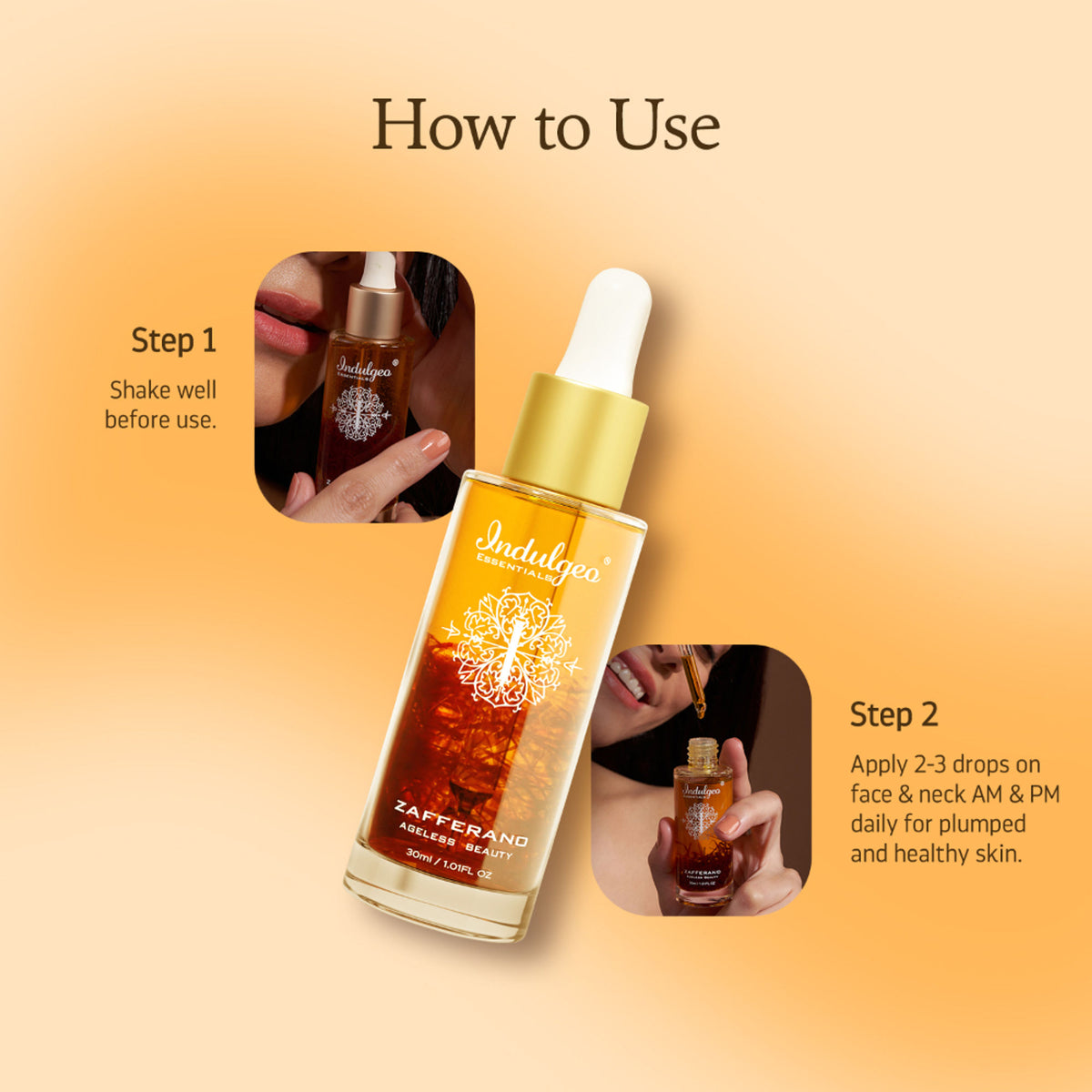 Indulgeo Essentials Ageless Beauty Zafferano Oil with saffron, lupin seed extract, and coenzyme Q10 in a glass bottle.