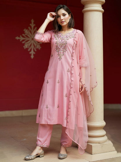 Embroidered Regular Sequinned Straight Kurta With Trousers & Dupatta