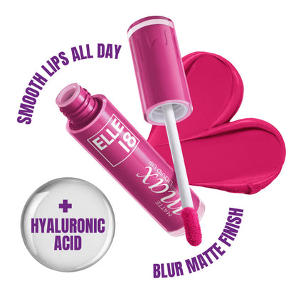 Elle 18 Matte Max long-lasting liquid lipstick in pink with hyaluronic acid, shown in a portrait style image.