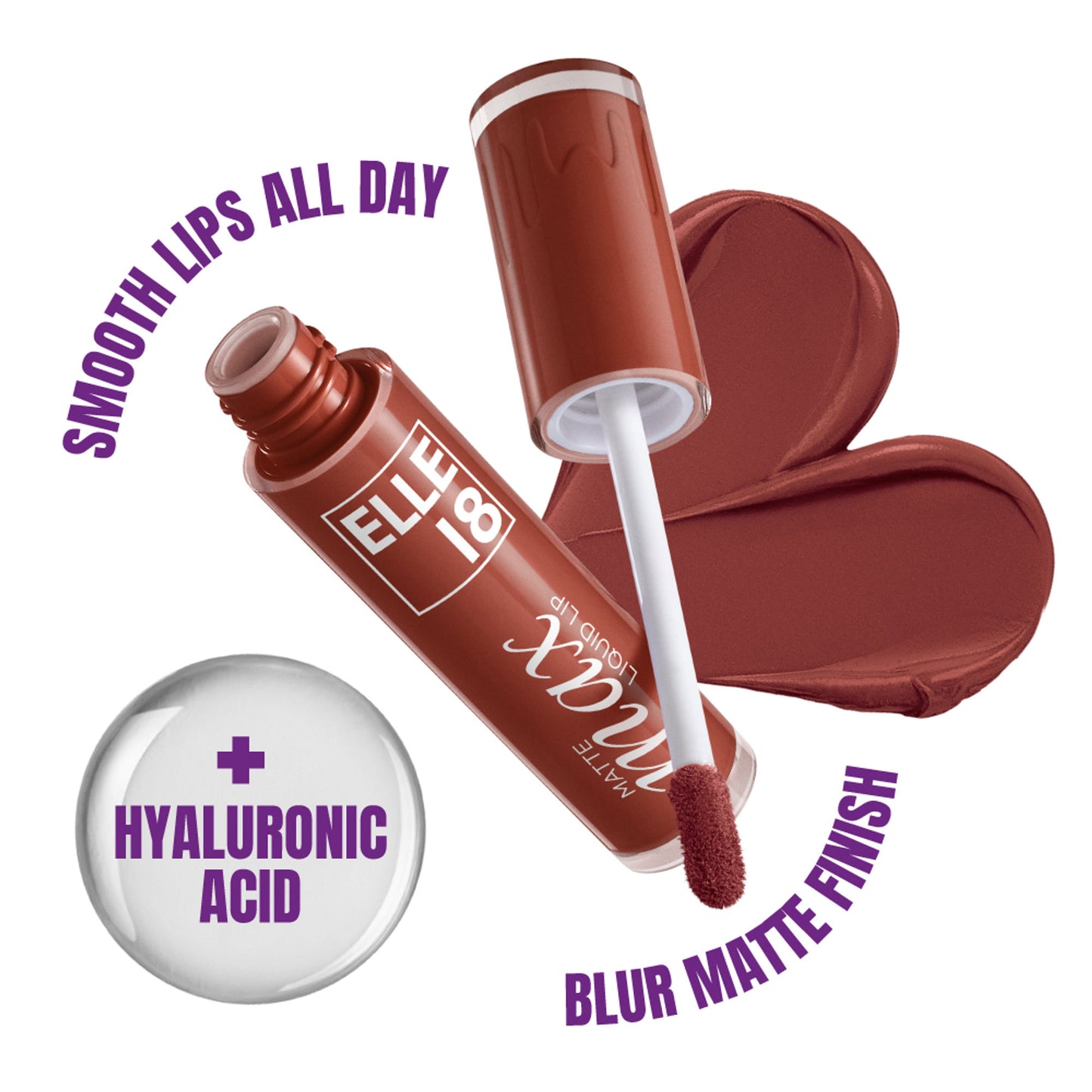 Elle 18 Matte Max Long Lasting Liquid Lipstick, With Hyaluronic Acid - Nude Blossom - Cocoa Sprinkle