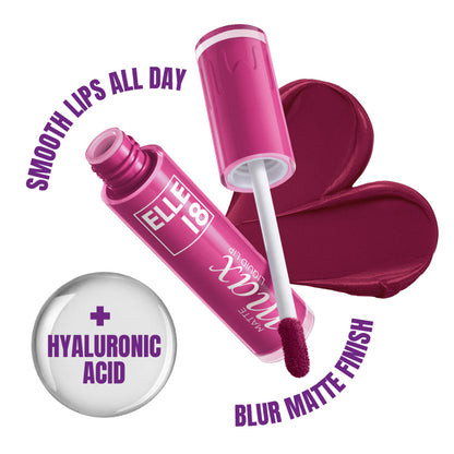 Elle 18 Matte Max long-lasting liquid lipstick in Plum Cake shade with hyaluronic acid, featuring a smooth, matte finish.
