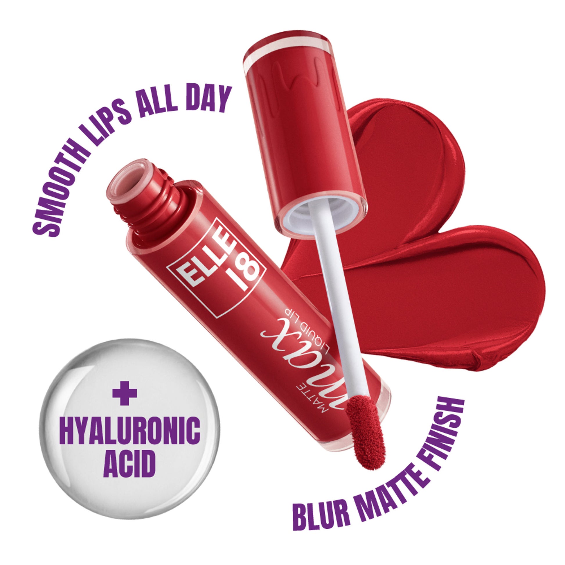 Elle 18 Matte Max Long Lasting Liquid Lipstick, With Hyaluronic Acid - Nude Blossom - Red Riot
