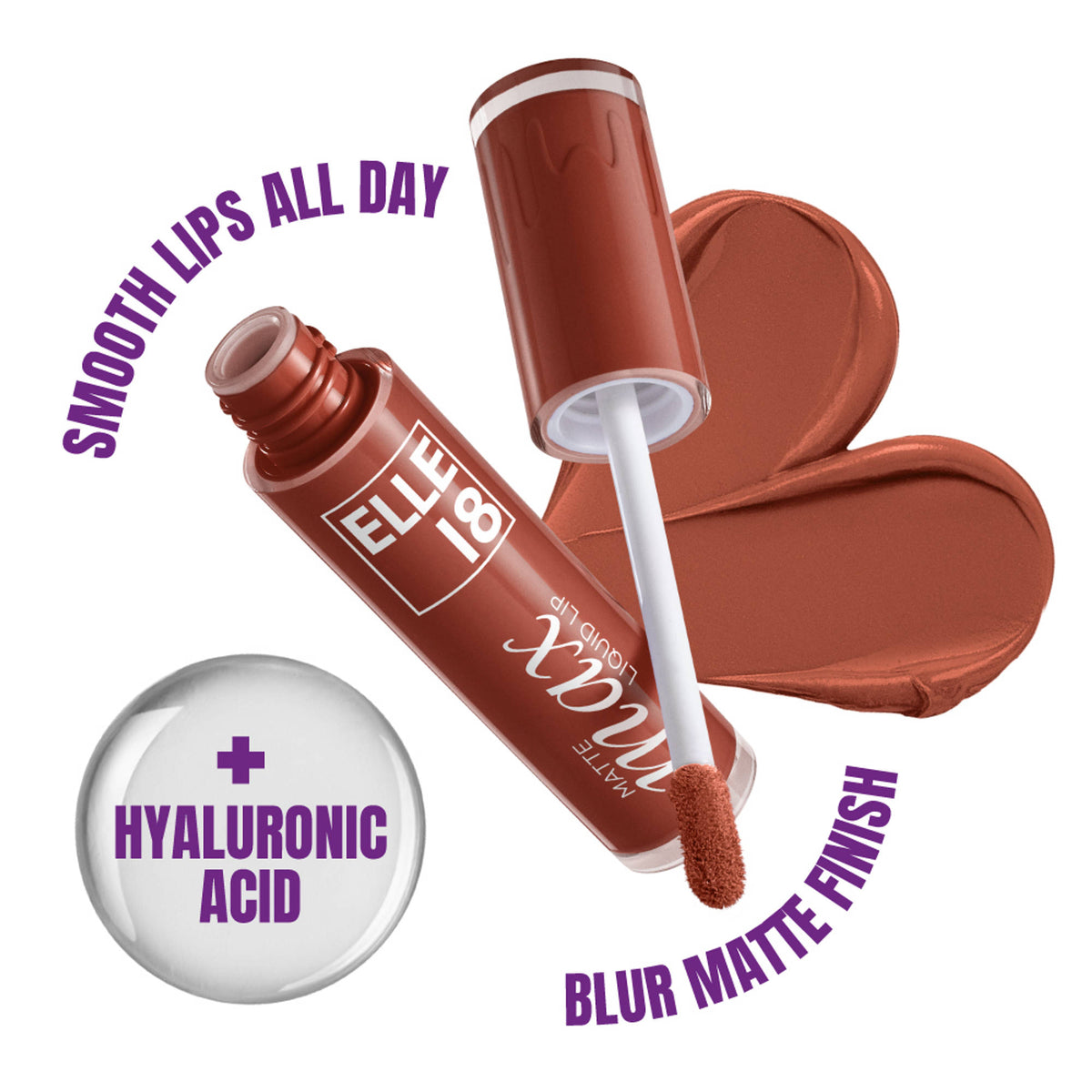 Elle 18 Matte Max Long Lasting Liquid Lipstick in Brown Bean with hyaluronic acid, showcasing the nude brown liquid lipstick.