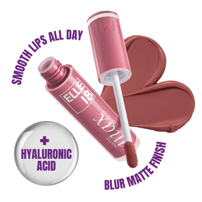 Elle 18 Matte Max Long Lasting Liquid Lipstick in Nude Honey with Hyaluronic Acid, showcasing the nude lipstick applicator and packaging.
