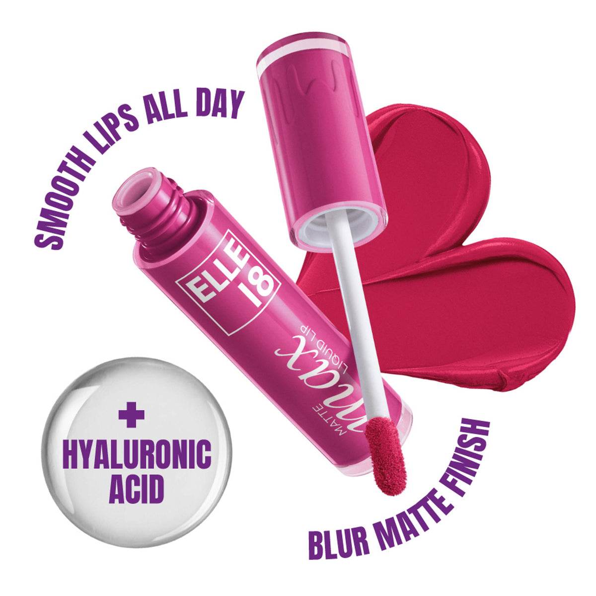 Elle 18 Matte Max Long Lasting Liquid Lipstick in Pink Memory with hyaluronic acid, shown in a sleek tube with applicator.