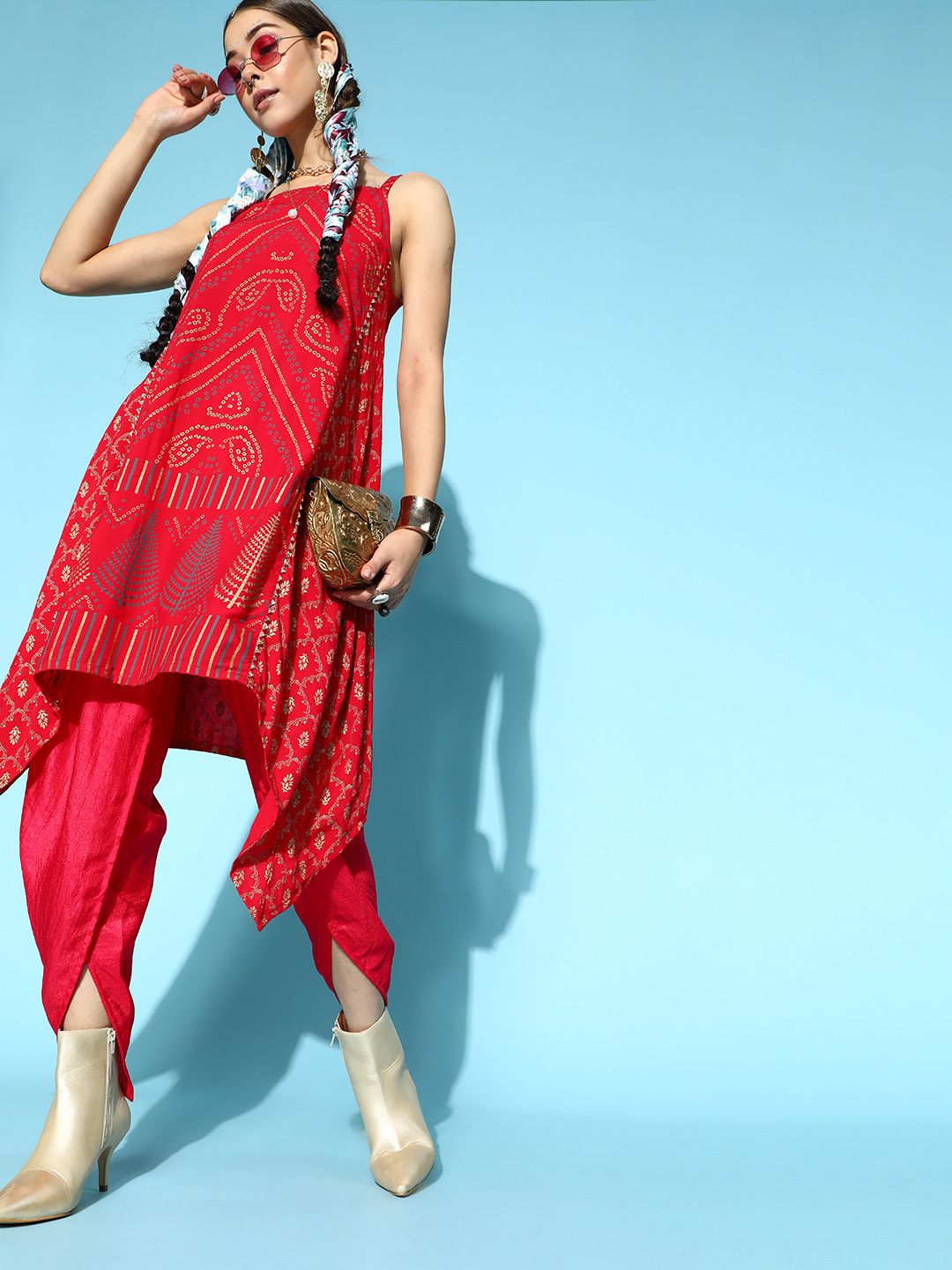 Dhiyona IE Women Red Ethnic Motifs Printed Kurta with Dhoti Pants