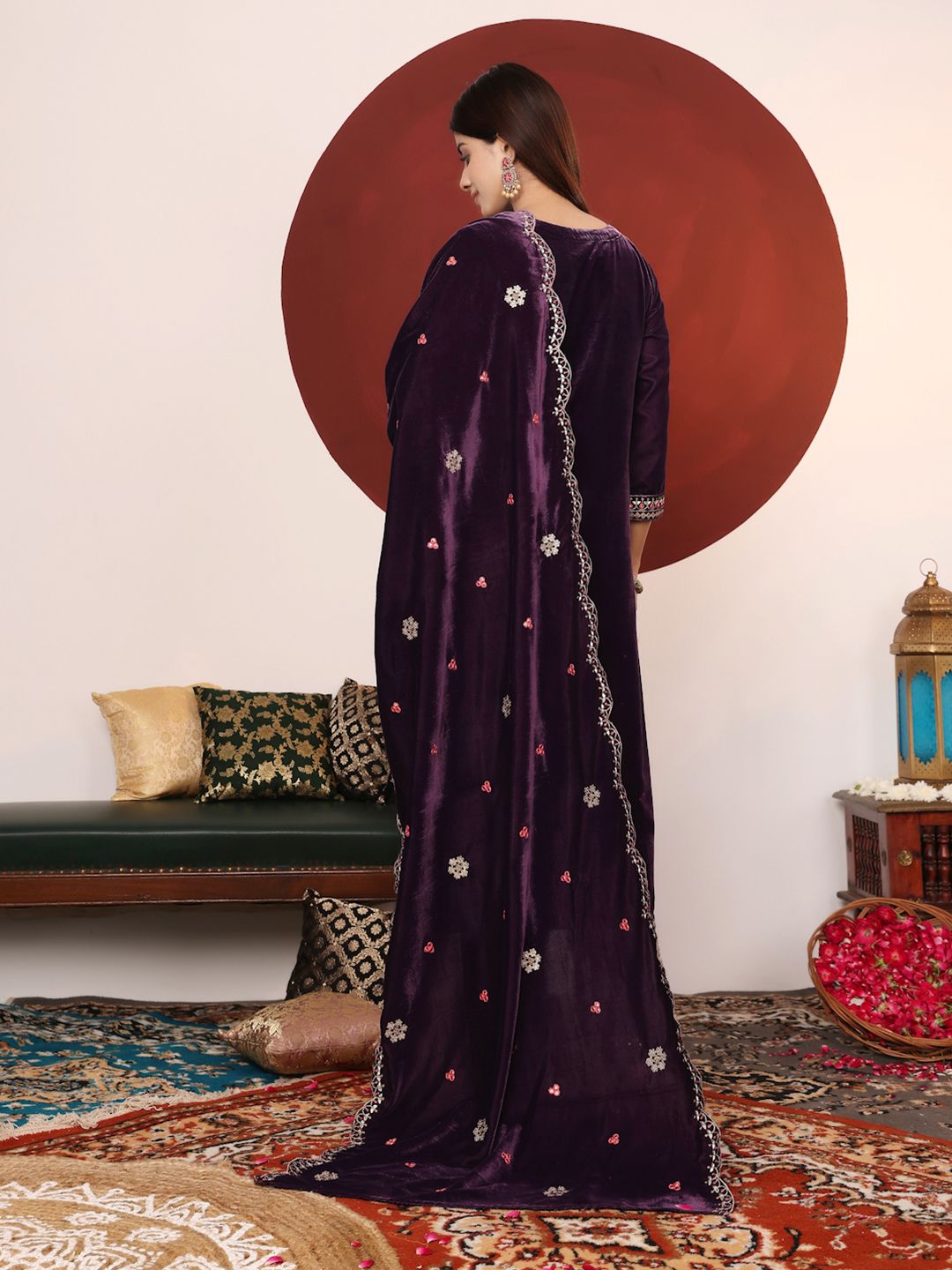 Indyancart VA Floral Embroidered Regular Velvet Straight Kurta with Palazzos & Dupatta