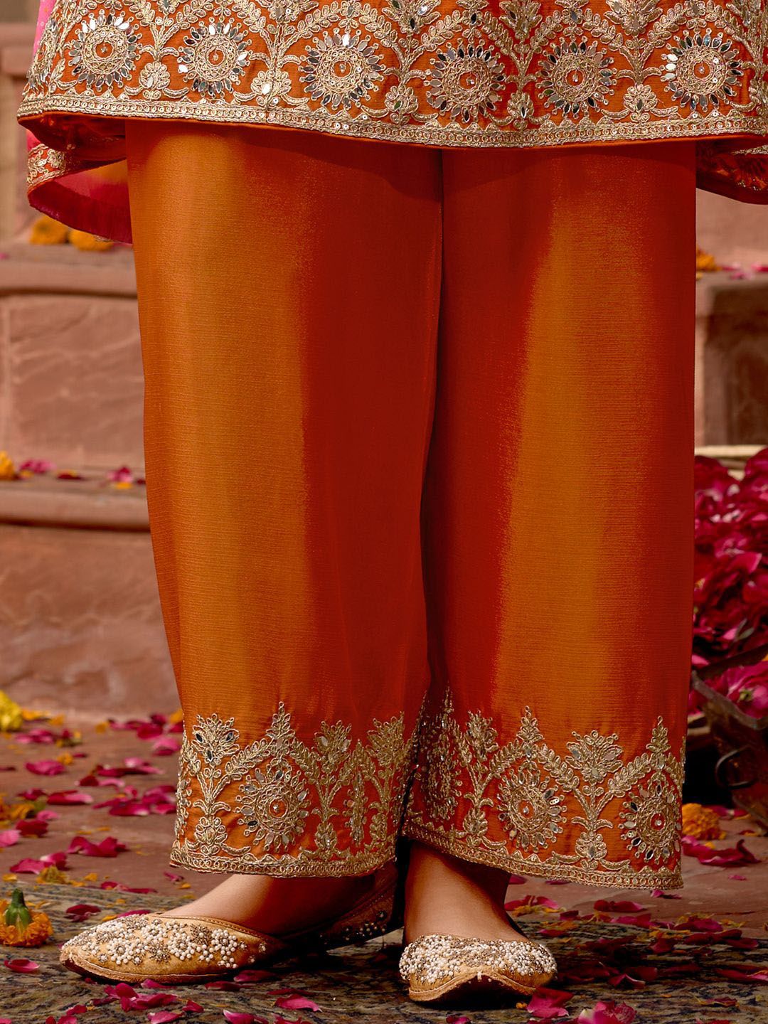 Indyancart IE Floral Embroidered Panelled Mirror Work A-Line Kurta With Palazzos & Dupatta