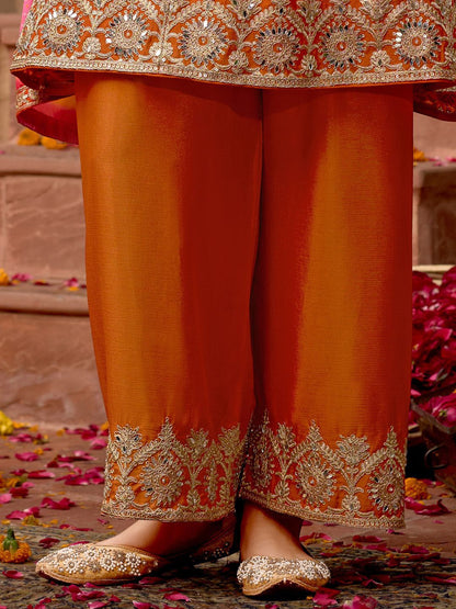 Indyancart IE Floral Embroidered Panelled Mirror Work A-Line Kurta With Palazzos & Dupatta